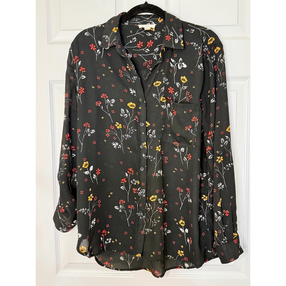 BLL New York Floral Blouse Womens‎ Small Black Button Down Roll Tab